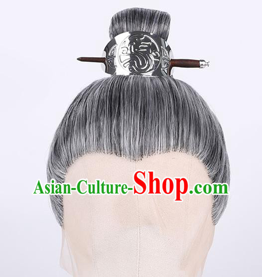 Chinese Handmade Tang Dynasty Milord Grey Front Lace Wigs Traditional Cosplay Official Headdress Ancient Elderly Male Hairpieces