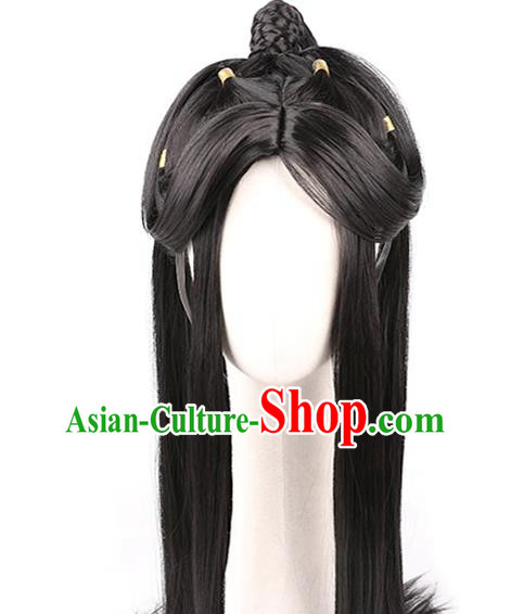 Chinese Ancient Young Male Hairpieces Handmade Jin Dynasty Childe Front Lace Wigs Traditional Cosplay Swordsman Headdress