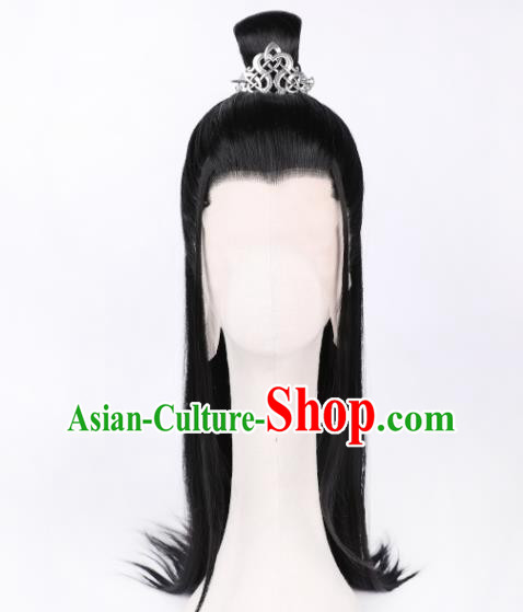 Chinese Traditional Cosplay Swordsman Headdress Ancient Young Childe Hairpieces Handmade Jin Dynasty Prince Black Front Lace Wigs