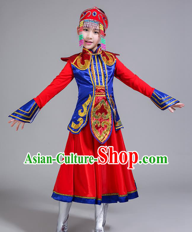 Chinese Mongolian Minority Girl Red Dress Outfits Mongol Nationality Folk Dance Clothing Ethnic Children Stage Performance Garments