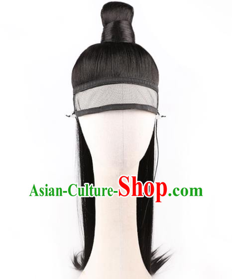Chinese Handmade Ming Dynasty Imperial Guard Front Lace Wigs Traditional Cosplay Knight Headdress Ancient Young Male Black Hairpieces