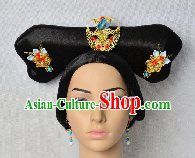 Chinese Qing Dynasty Palace Lady Hairpieces Traditional Drama Empresses in the Palace Wigs Chignon Ancient Court Maid Headdress