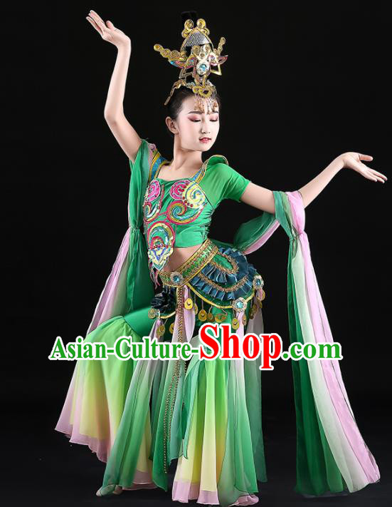China Girl Performance Clothing Flying Apsaras Dance Garment Classical Dance Green Uniforms Children Fairy Dance Dress