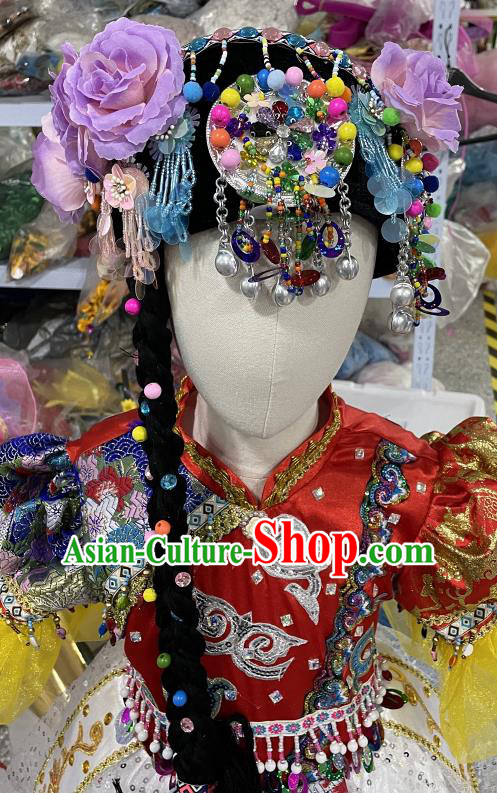 Top China Hani Nationality Dance Headwear Ethnic Children Folk Dance Hat Girl Stage Performance Headpiece