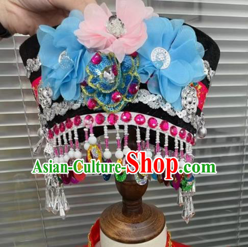 Top China Girl Stage Performance Headpiece Hani Nationality Dance Headwear Ethnic Children Folk Dance Hat