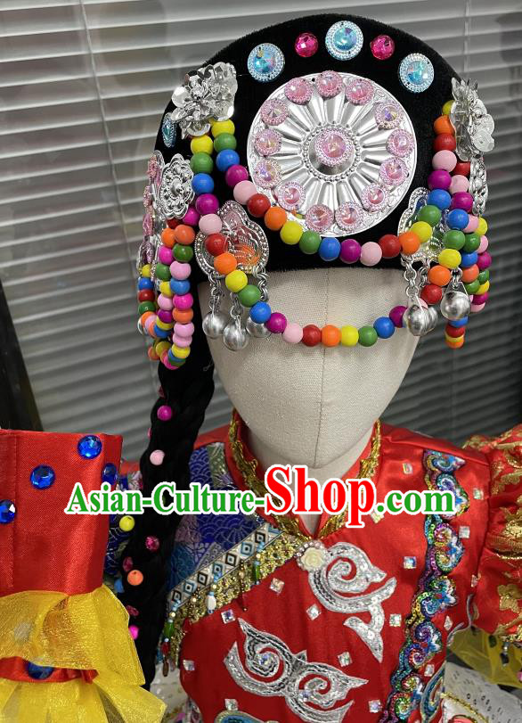 Top China Ethnic Children Folk Dance Hat Girl Stage Performance Headpiece Hani Nationality Dance Headwear