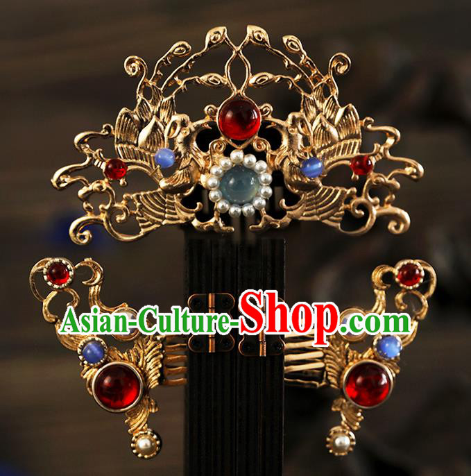 Chinese Ancient Bride Headpieces Ming Dynasty Golden Hair Comb and Hairpins Traditional Hanfu Wedding Hair Accessories