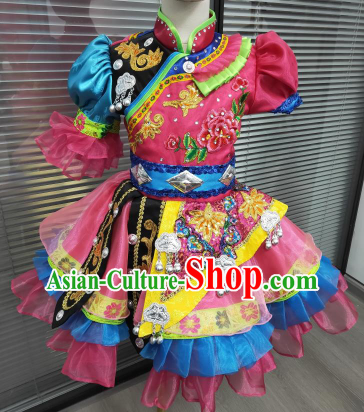 Chinese Yunnan Minority Dance Pink Dress Uniforms Lisu Nationality Children Festival Clothing Ethnic Folk Dance Garments