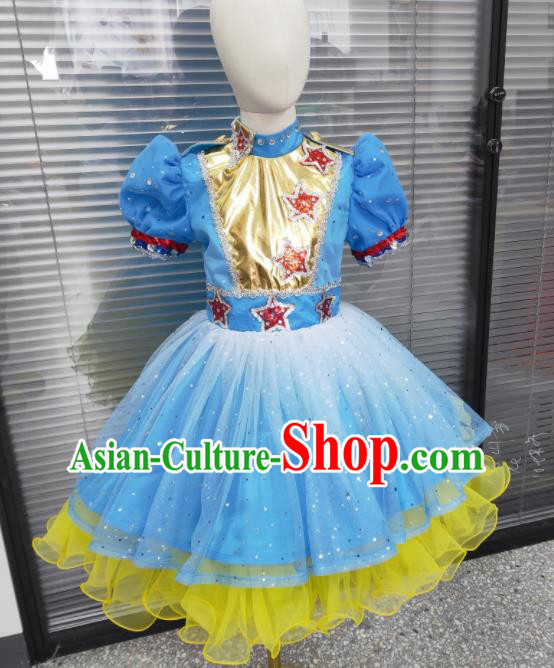 Professional Children Modern Dance Fashion Girl Dance Blue Dress Chorus Group Performance Clothing Opening Dance Garment