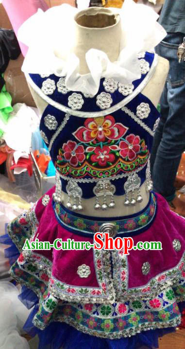 Chinese Yi Nationality Girl Performance Clothing Ethnic Children Folk Dance Garments Xiangxi Minority Dance Rosy Dress Uniforms