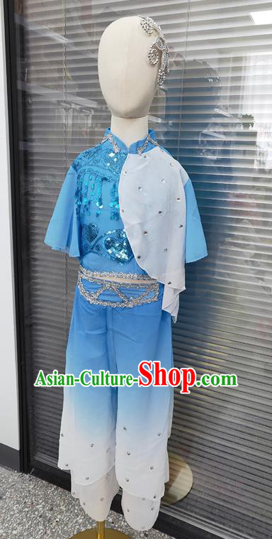 Chinese Yangko Dance Clothing Children Performance Blue Uniforms Folk Dance Outfits Girl Fan Dance Costumes