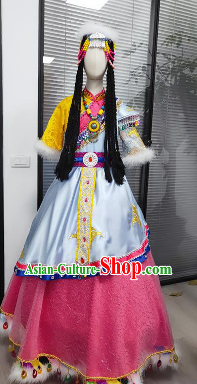 Chinese Ethnic Children Folk Dance Garments Zang Minority Performance Pink Dress Uniforms Tibetan Nationality Girl Clothing