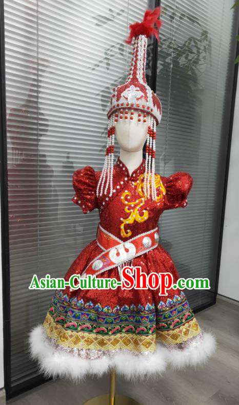 Chinese Mongolian Nationality Girl Clothing Ethnic Children Folk Dance Garments Mongol Minority Performance Red Dress Uniforms and Headdress