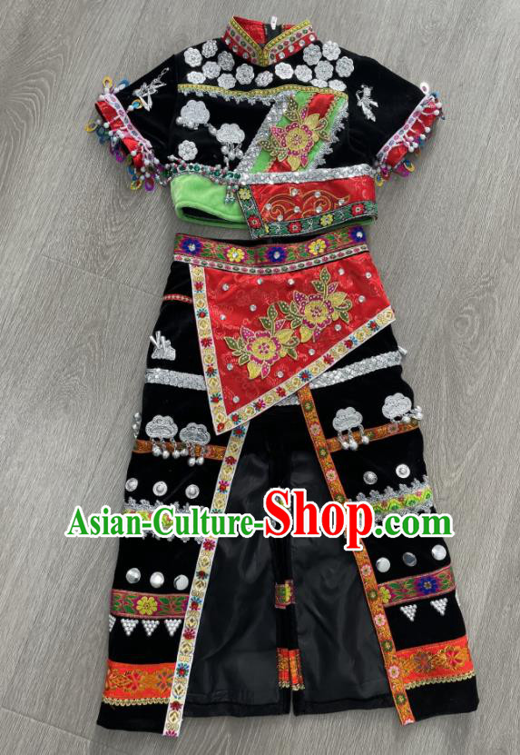 Chinese Yunnan Minority Dance Black Dress Uniforms Wa Nationality Girl Performance Clothing Ethnic Children Folk Dance Garments