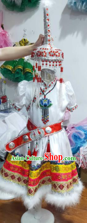 Chinese Ethnic Children Folk Dance Garments Mongol Minority Performance White Dress Uniforms Mongolian Nationality Girl Clothing and Hat