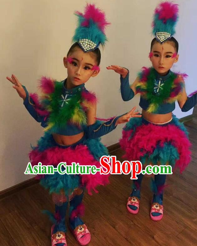 Professional Children Stage Performance Garment Modern Dance Fashion Compere Bird Dance Feather Dress Girl Catwalks Clothing