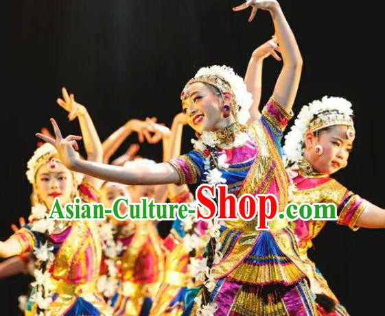 Chinese Uighur Minority Girl Dress Outfits Uyghur Nationality Folk Dance Clothing Xinjiang Ethnic Children Performance Garments
