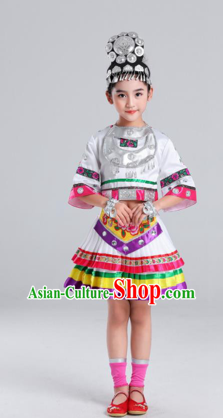 Chinese Miao Nationality Folk Dance Clothing Ethnic Children Performance Garments Hmong Minority Girl White Dress Outfits