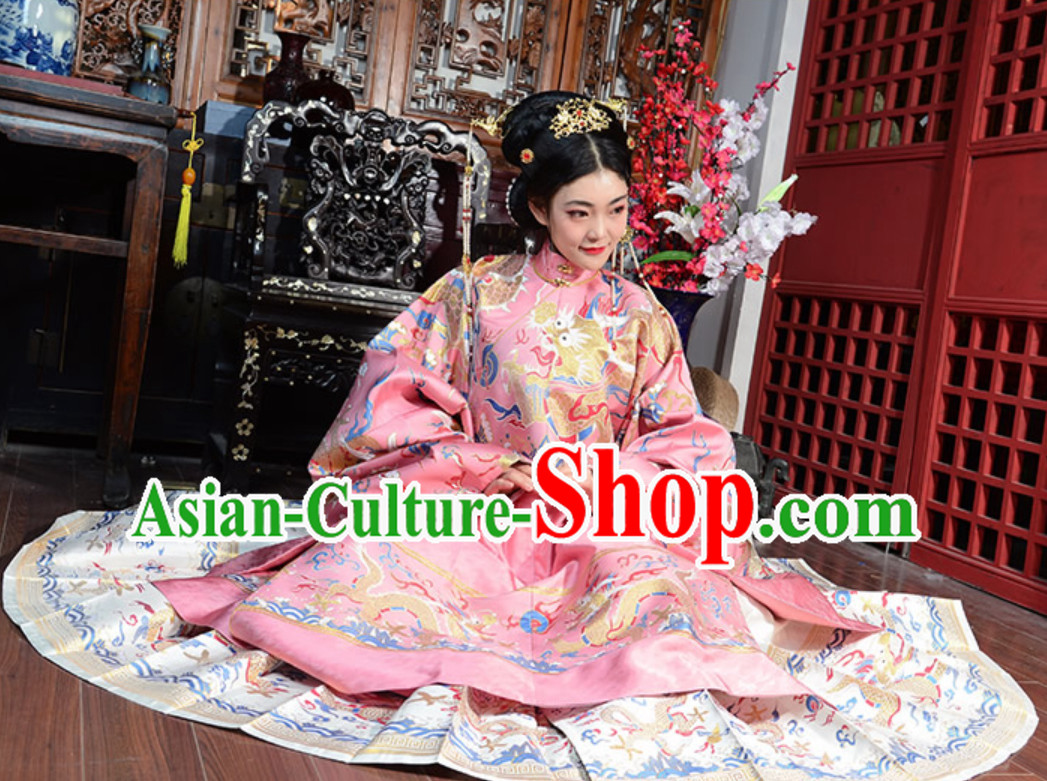 Top Pink Chinese Ancient Royal Wedding Dress Ming Dynasty Queen Garments for Ladies