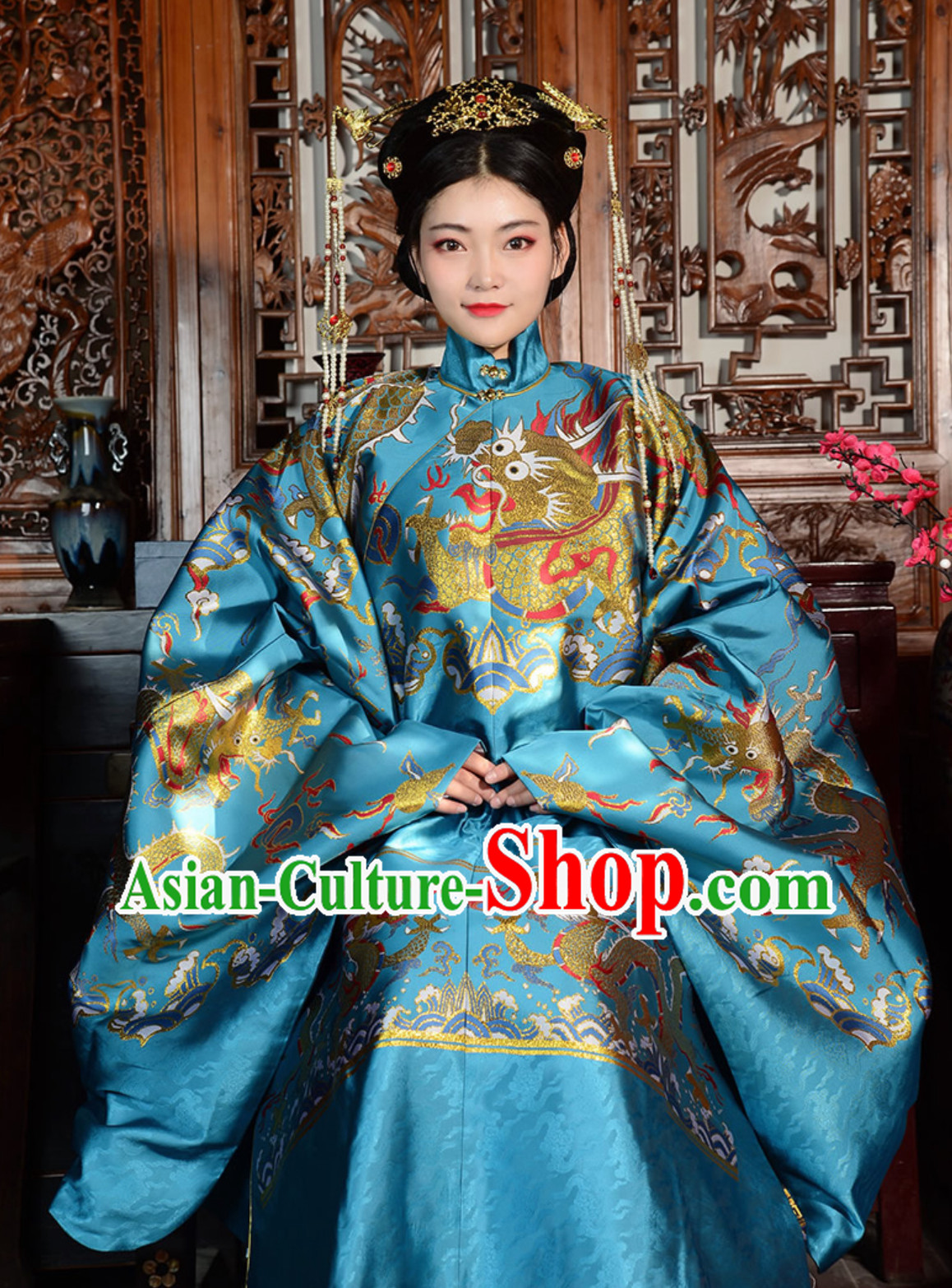 Top Imperial Blue Chinese Ancient Royal Wedding Dress Ming Dynasty Queen Clothing for Ladies