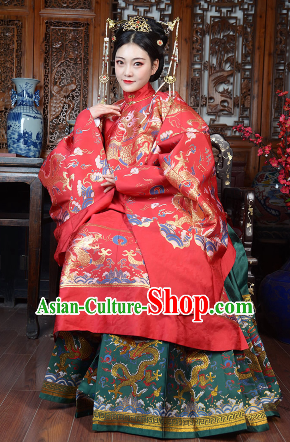 Lucky Red Top Chinese Ancient Royal Wedding Dress Ming Dynasty Queen Garments for Ladies