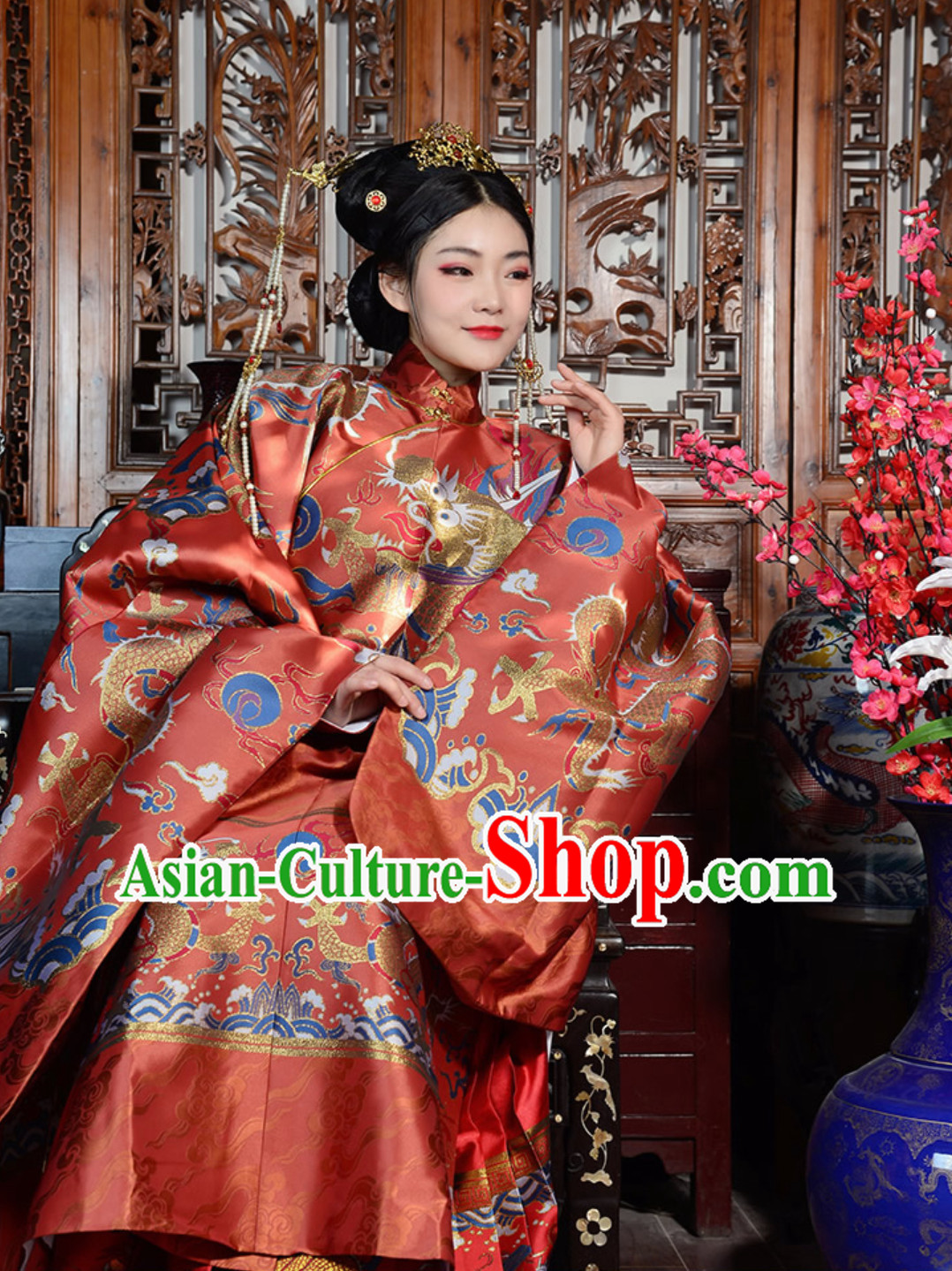 Gold Red Top Chinese Ancient Imperial Wedding Dresses Ming Dynasty Queen Garments for Women