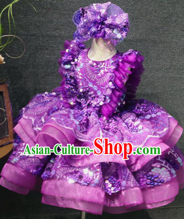 Top Girl Dance Performance Garment Catwalks Purple Flowers Bubble Dress Christmas Formal Evening Wear Children Day Stage Show Clothing