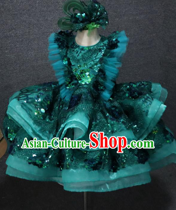 Top Children Stage Show Clothing Girl Dance Performance Garment Catwalks Green Flowers Bubble Dress Christmas Formal Evening Wear