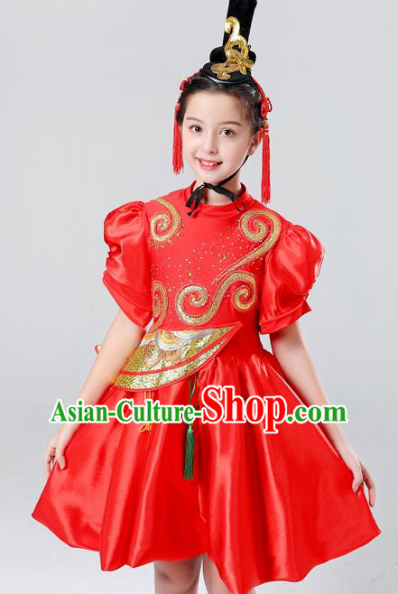 Chinese Yangge Performance Clothing Children Yangko Dance Uniforms Folk Dance Costumes Drum Dance Red Dress
