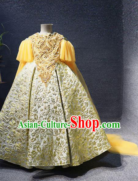 Top Girl Compere Performance Garment Catwalks Yellow Long Dress Christmas Formal Evening Wear Children Stage Show Clothing