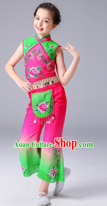 Chinese Children Yangko Dance Rosy Uniforms Folk Dance Costumes Fan Dance Dress Yangge Performance Clothing