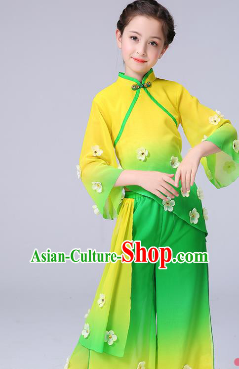 Chinese Yangge Performance Clothing Children Yangko Dance Yellow Uniforms Folk Dance Costumes Girl Jasmine Flower Dance Dress