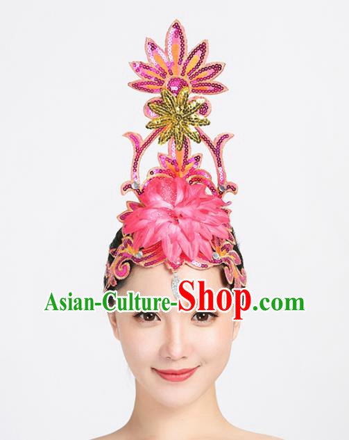 China Spring Festival Gala Opening Dance Headpiece Woman Group Dance Rosy Sequins Hair Stick Modern Dance Hair Accessories