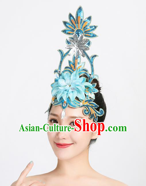 China Woman Group Dance Blue Sequins Hair Stick Modern Dance Hair Accessories Spring Festival Gala Opening Dance Headpiece