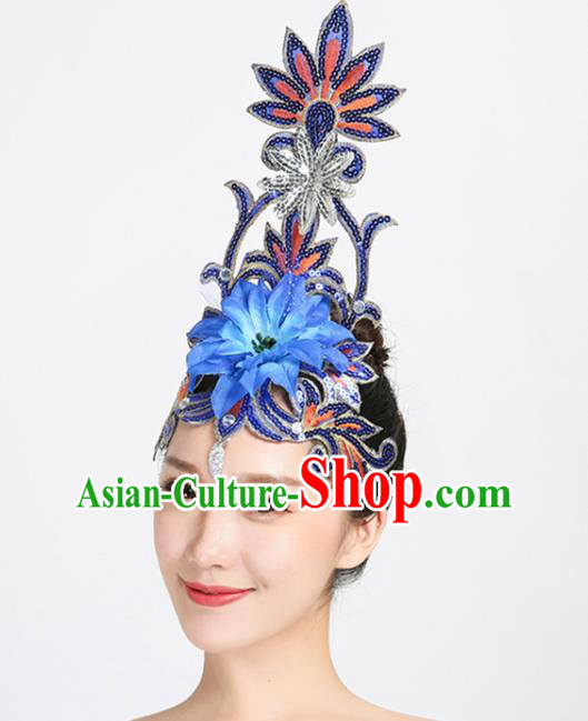 China Woman Group Dance Royalblue Sequins Hair Stick Modern Dance Hair Accessories Spring Festival Gala Opening Dance Headpiece