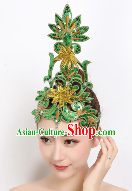 China New Year Folk Dance Headpiece Woman Yangko Dance Green Sequins Hair Stick Group Dance Hair Accessories