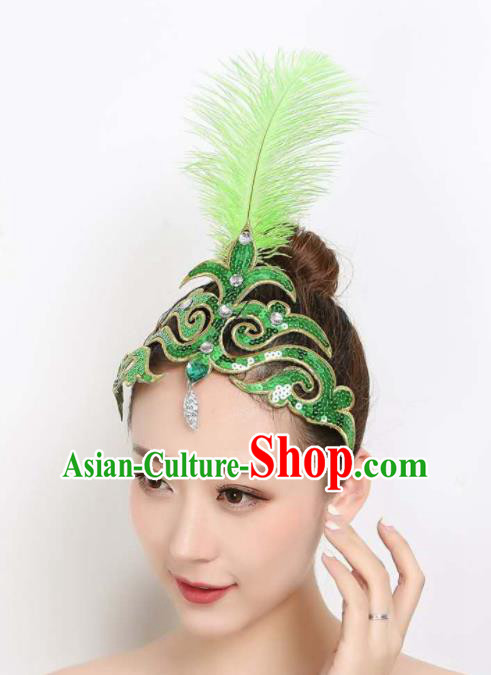 China Yangko Dance Green Feather Hair Stick Woman Peacock Dance Hair Accessories Dai Nationality Folk Dance Headpiece