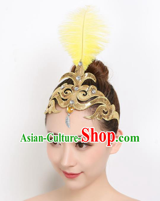 China Dai Nationality Peacock Dance Yellow Feather Headpiece Woman Group Dance Hair Stick Folk Dance Hair Accessories