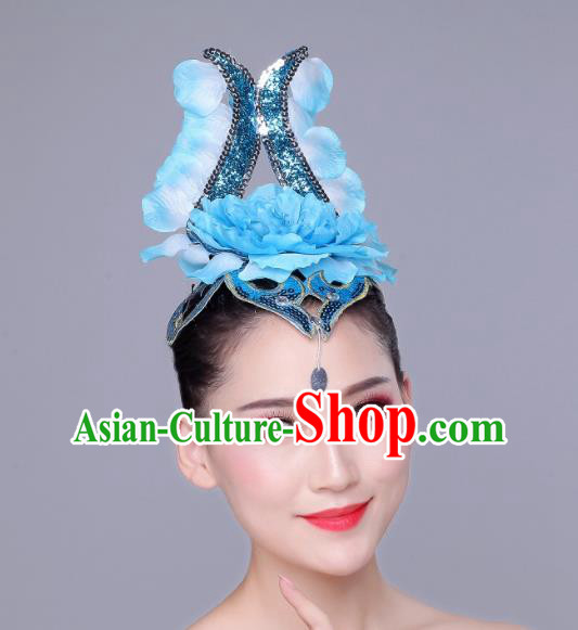 China Woman Group Modern Dance Blue Peony Hair Crown Flower Dance Dance Hair Accessories Opening Dance Headdress