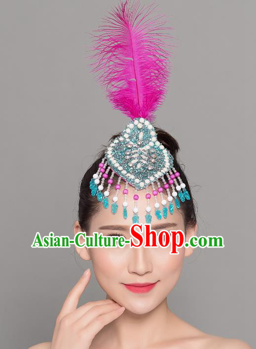 China Mongol Nationality Dance Rosy Feather Hair Stick Yangko Dance Hair Accessories Woman Group Dance Headpiece