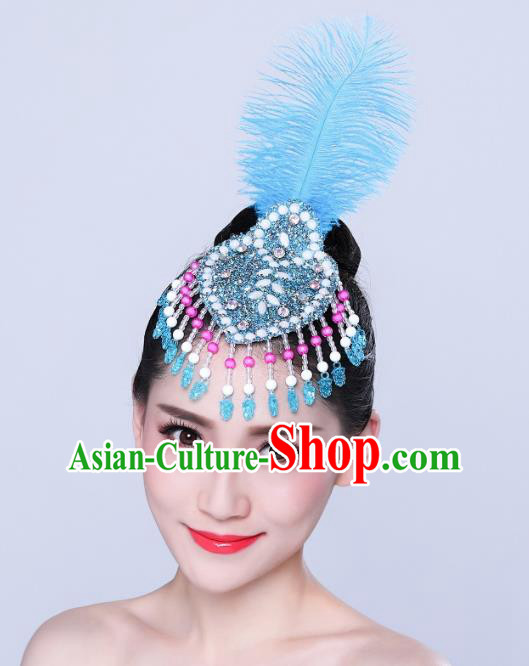 China Yangko Dance Hair Accessories Woman Group Dance Headpiece Mongol Nationality Dance Blue Feather Hair Stick