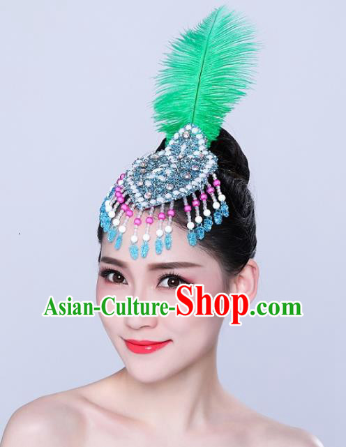 China Yangko Dance Green Feather Hair Stick Woman Group Dance Headpiece Mongol Nationality Dance Hair Accessories