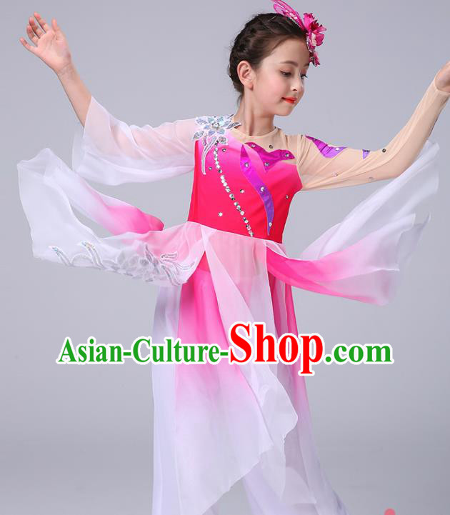 China Girl Stage Performance Dancewear Umbrella Dance Clothing Jasmine Flowers Dance Rosy Dress Children Classical Dance Costumes