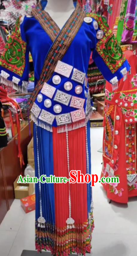 Chinese Guizhou Ethnic Festival Garments Hmong Minority Wedding Bride Blue Dress Outfits Miao Nationality Folk Dance Clothing