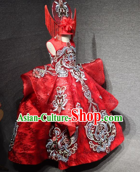 Top Girl Compere Formal Garment Catwalks Embroidered Red Full Dress Christmas Baroque Evening Wear Children Performance Clothing