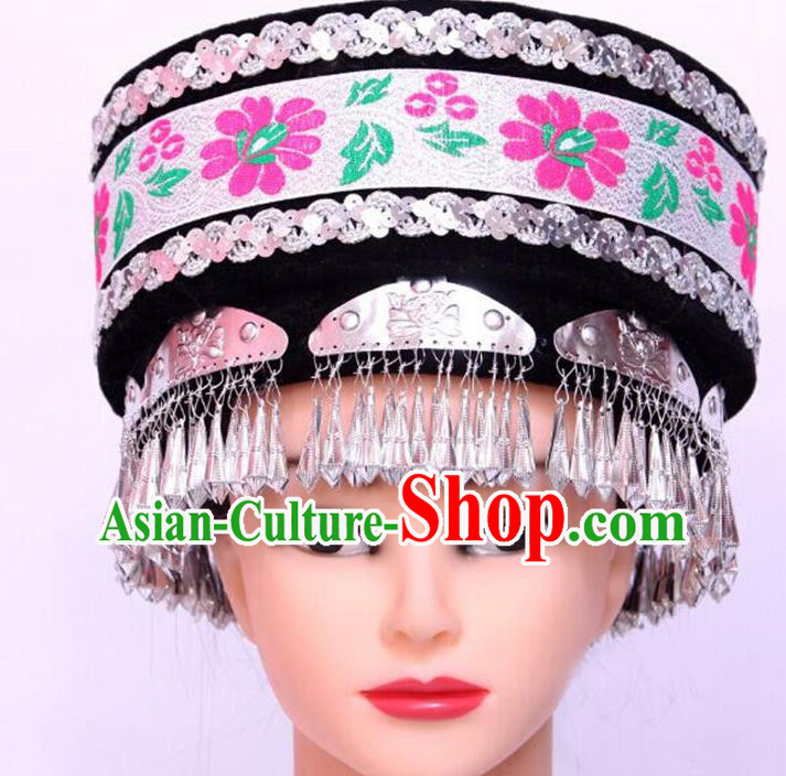 Chinese Handmade Ethnic Woman Festival Headpiece Yi Nationality Performance Black Hat Tujia Minority Folk Dance Headdress