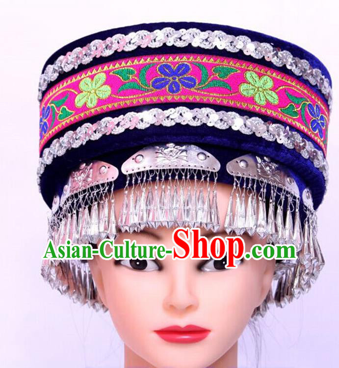 Chinese Tujia Minority Folk Dance Headdress Handmade Ethnic Woman Festival Headpiece Yi Nationality Performance Royalblue Hat