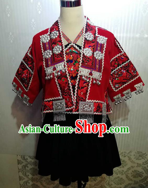 Chinese Guizhou Ethnic Festival Garments Minority Woman Performance Red Short Dress Outfits Dong Nationality Folk Dance Clothing