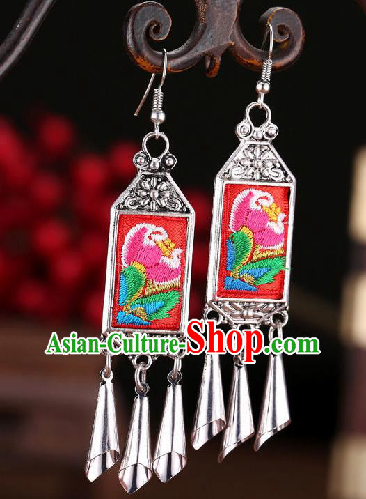 Chinese Yunnan Ethnic Woman Ear Accessories Miao Nationality Silver Earrings Hmong Minority Dance Embroidered Red Ear Jewelry