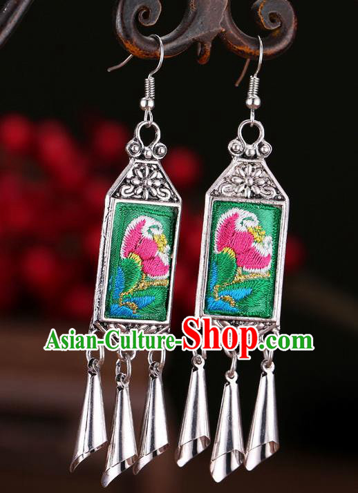 Chinese Hmong Minority Dance Embroidered Green Ear Jewelry Yunnan Ethnic Woman Ear Accessories Miao Nationality Silver Earrings